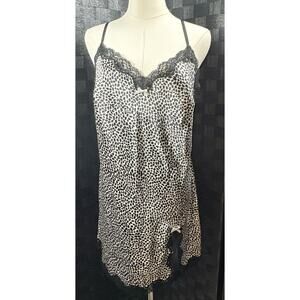 Victorias Secret Satin Animal Print Slip Dress Black Lace VTG Y2K Sexy Size L